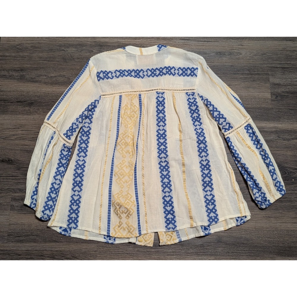 Kasia Boho Embroidered Peasant Blouse Cream Blue Gold Metallic Large Long Sleeve - Picture 2 of 4
